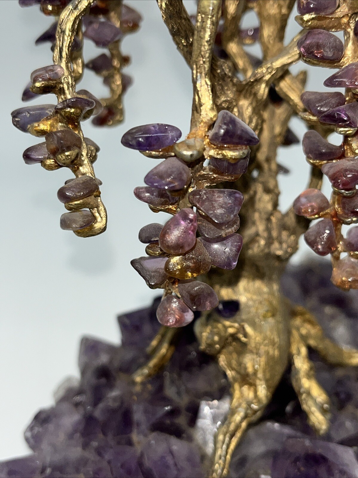 Natural Amethyst Gemstone Rock Gold Tone Tree Of Life Bonsai Sculpture Figurine