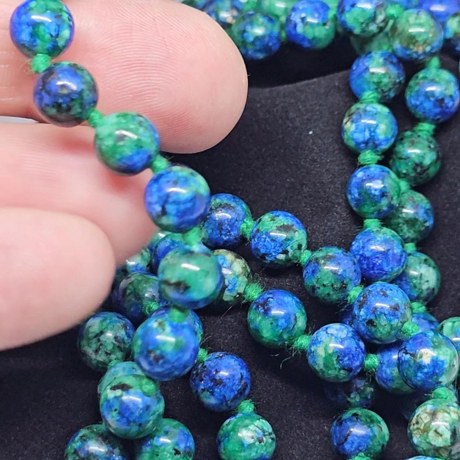 Chrysocolla Bead Necklace 43 Inch Knotted 8mm Gemstone Strand Tassel & Bag