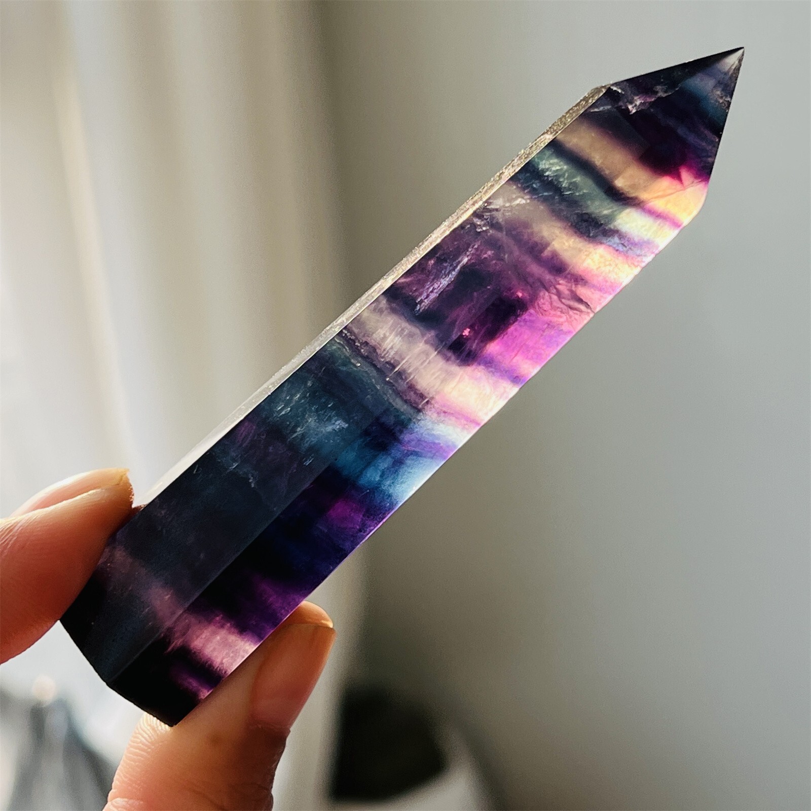 80g+ Natural Rainbow fluorite obelisk gem quartz crystal wand point healing 1pc