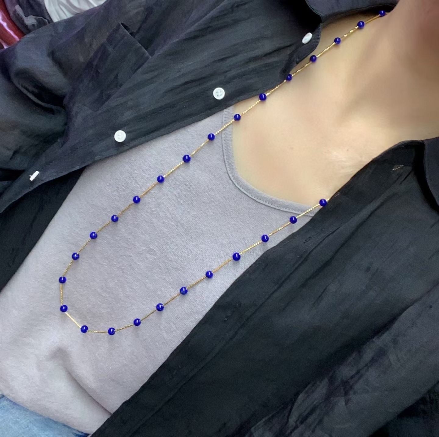 Nature Vintage Handmade Natural Lapis Lazuli Necklace Beaded Neck Chain
