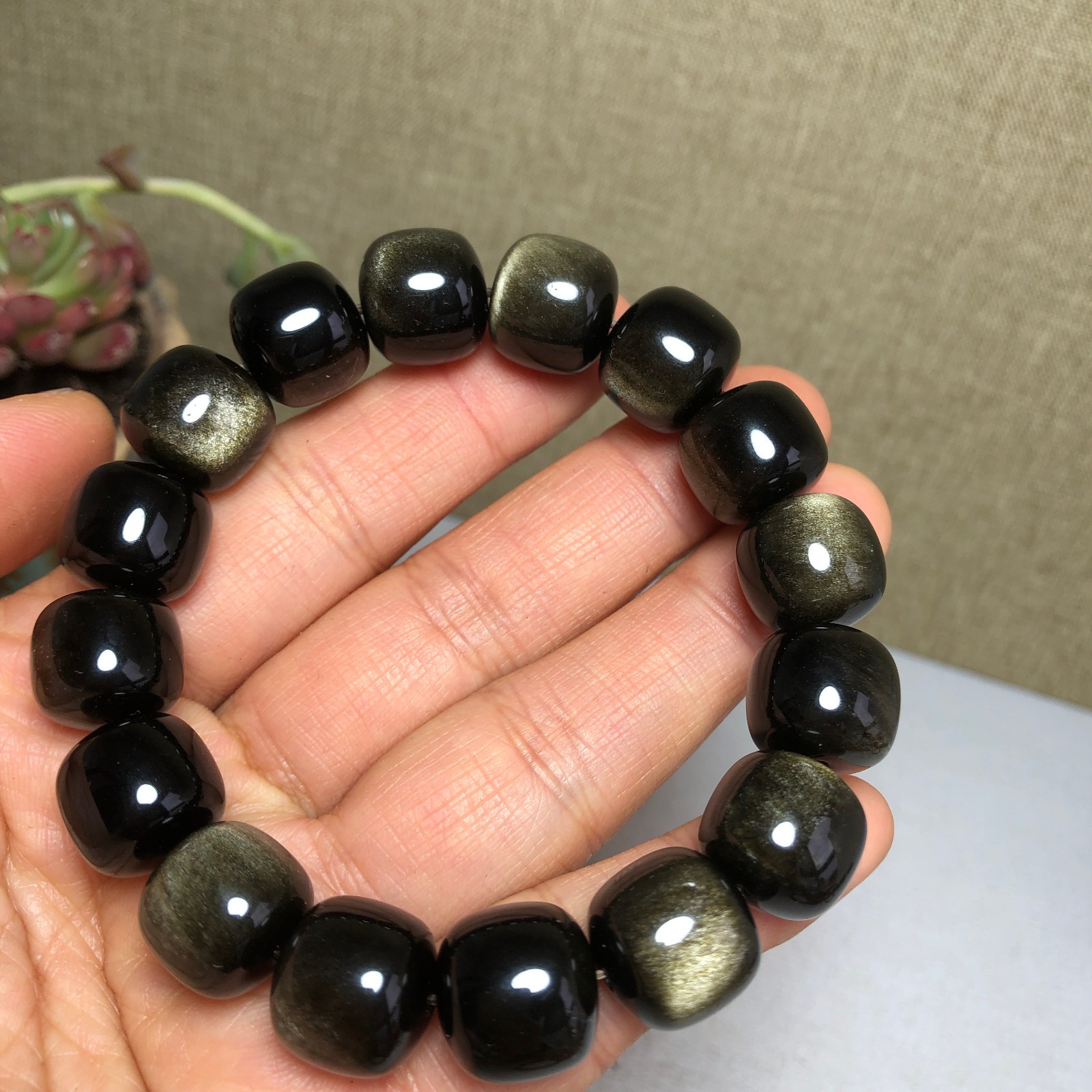 Natural Golden obsidian Bucket beads Crystal bracelet 13-11-11mm 58g A3182