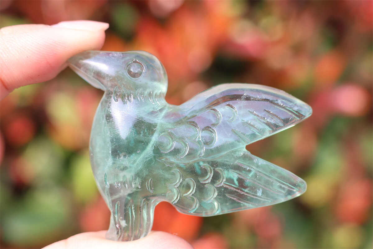 2.3” Carved Natural fluorite Hummingbird Crystal Skull decor reiki gift 1pc