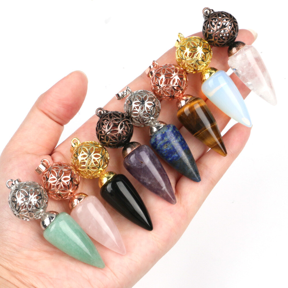 1pc Bullet Cone Crystal Chakra Chain Pendulum Quartz Stone Metal Dowsing Pendant
