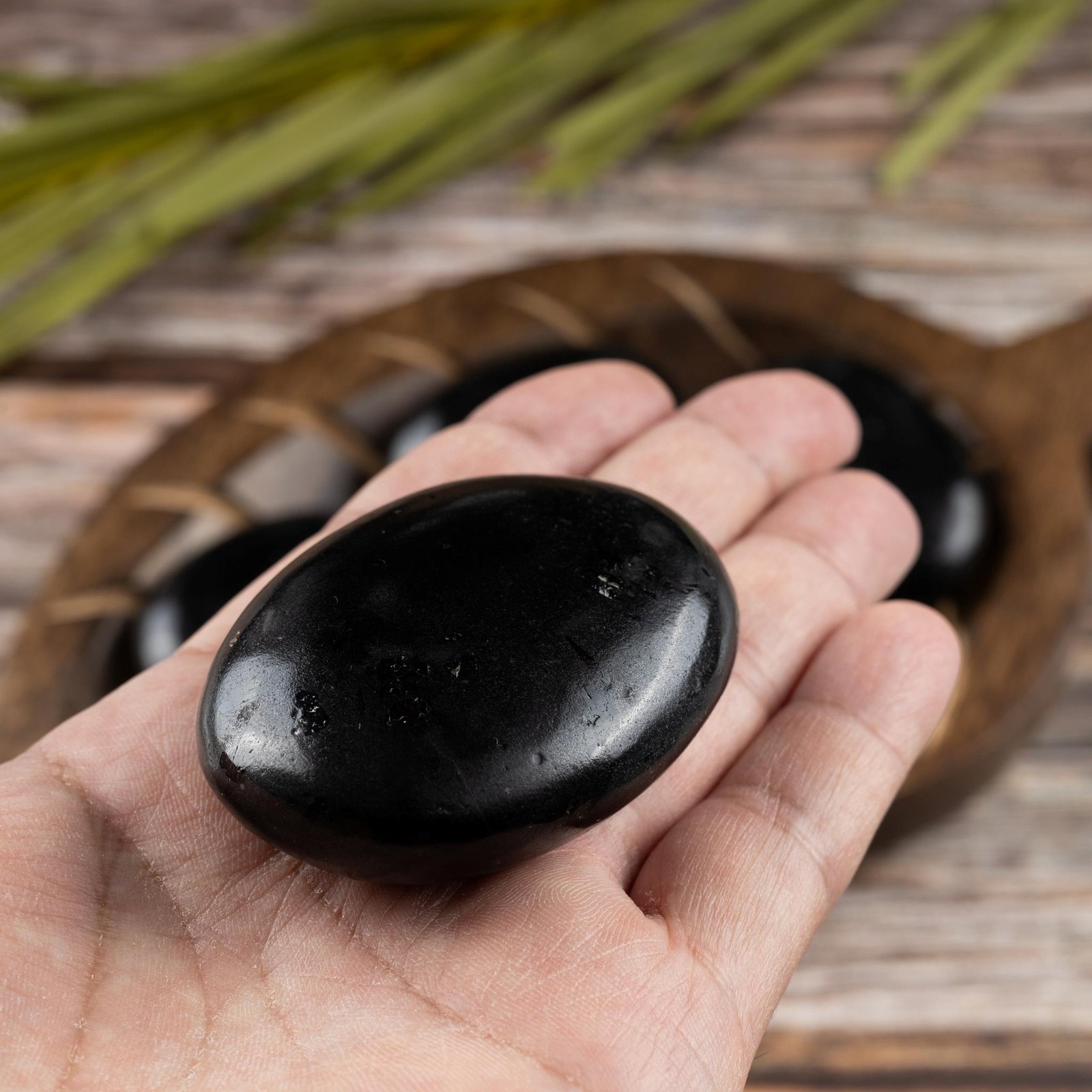 Black Tourmaline Crystal Palm Stone for Anxiety Relief, Polished Worry Stone