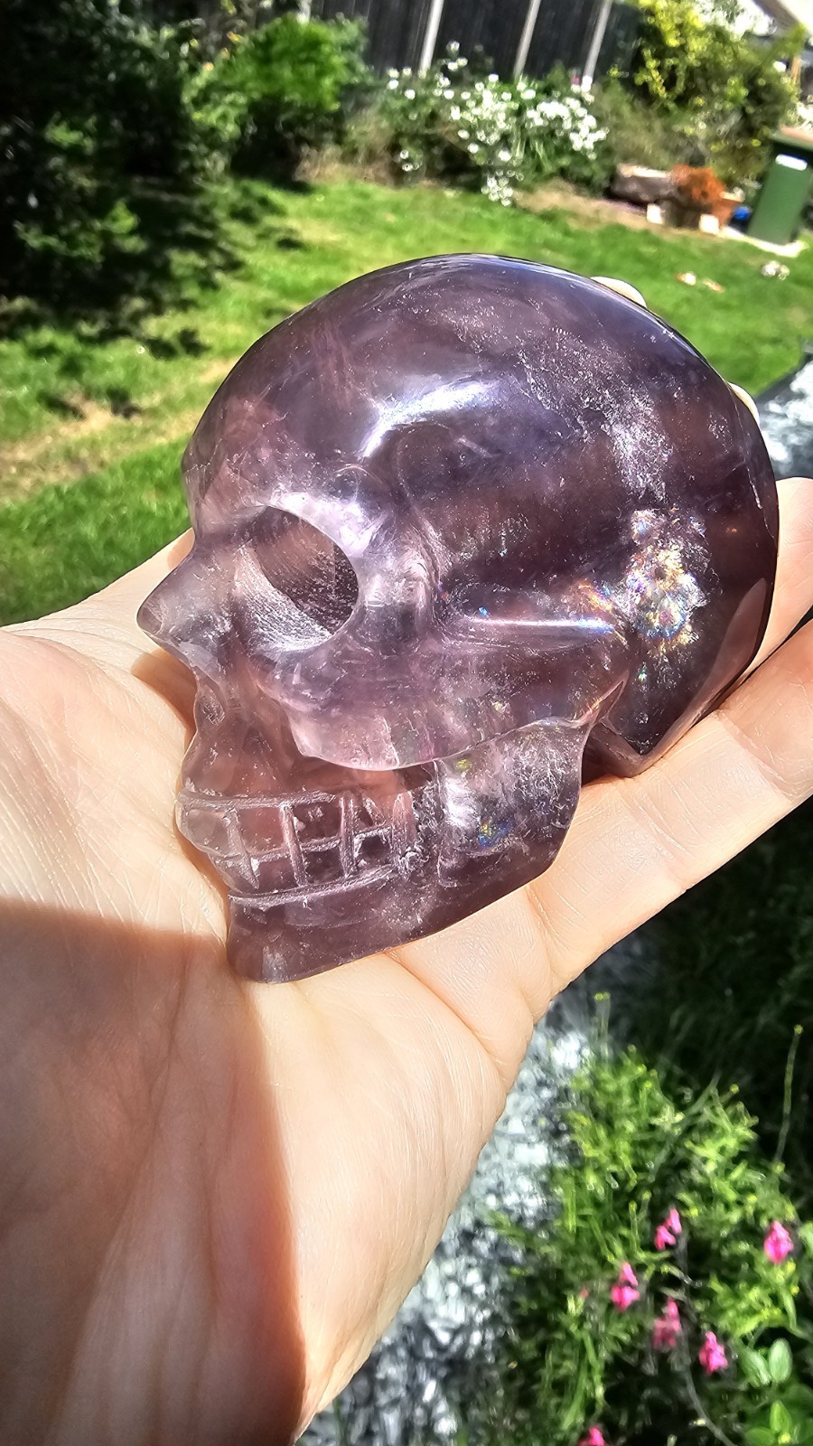 Rainbow purple Fluorite Skull Crystal Carving 369g Purple 7.5 x 6 x4.8cm