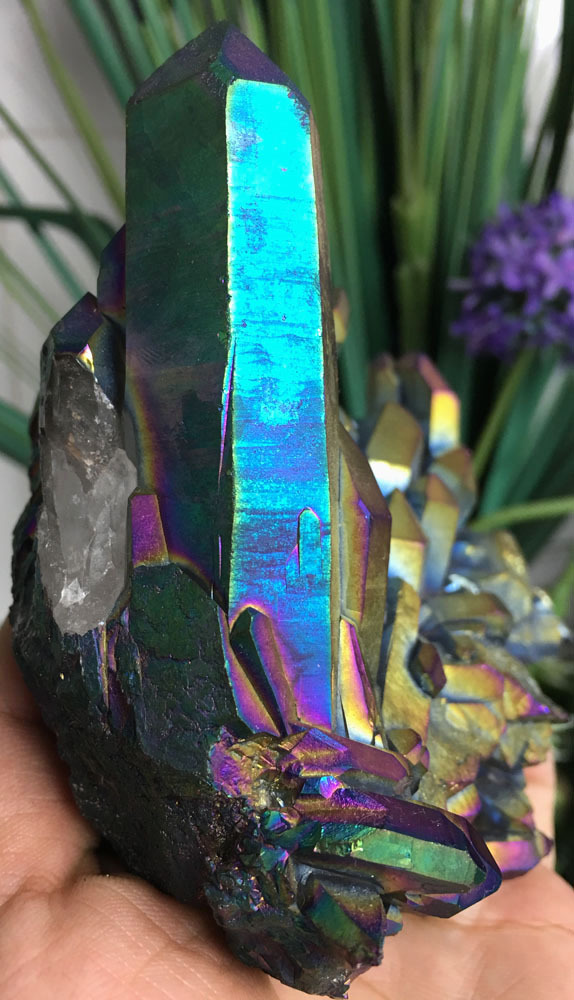 579g Rainbow Titanium plated Crystal Cluster, color-changing crystal