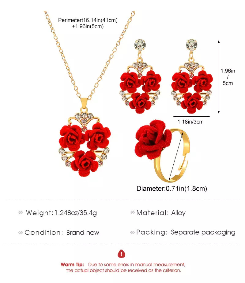 Women’s Fashion Jewelry Set Red Roses Flower Gold Earrings Ring Necklace Suit