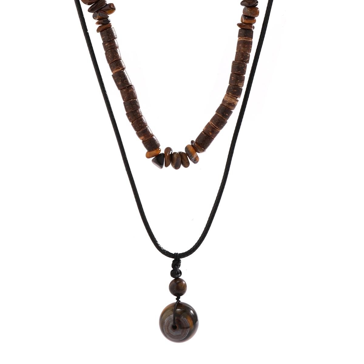 Kunjoe 2pcs Natural Stone Pendant Necklace Vintage Wood Beads for Men