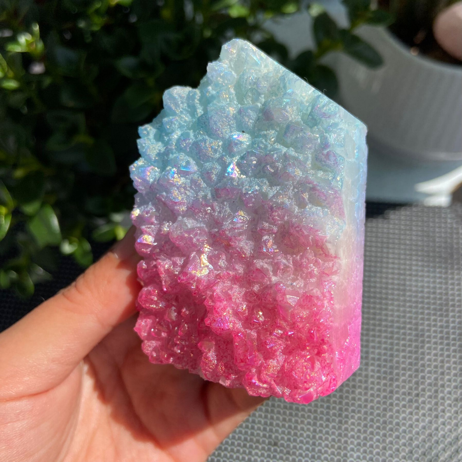 176g Titanium-Coated Pink Blue Aura Quartz Cluster Obelisk Tower Crystal Energy