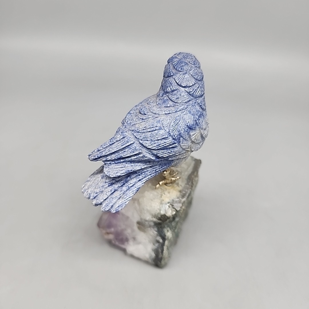 Vintage gemstone Blue Ceramic Macaw perched on Purple amethyst base 4″