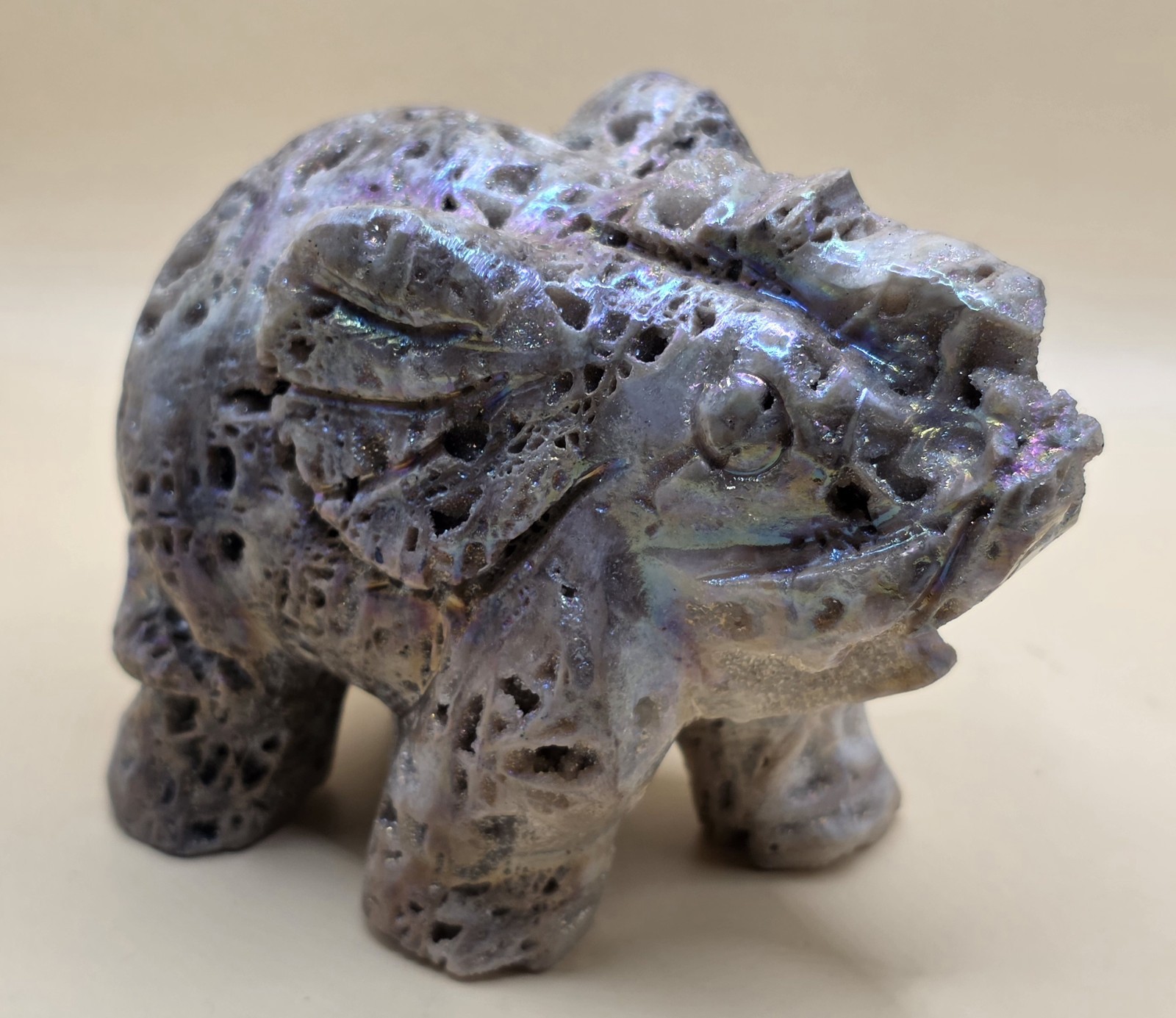 Sphalerite Druzy Elephant Carving Aura Coated Pink,Blue,Purple,yellow Flash
