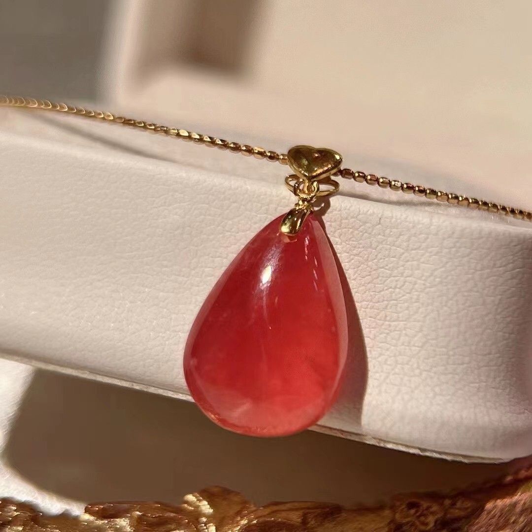 Natural Ice Rose Rhodochrosite Gemstone Love Woman Pendant AAAA 23*12mm18K