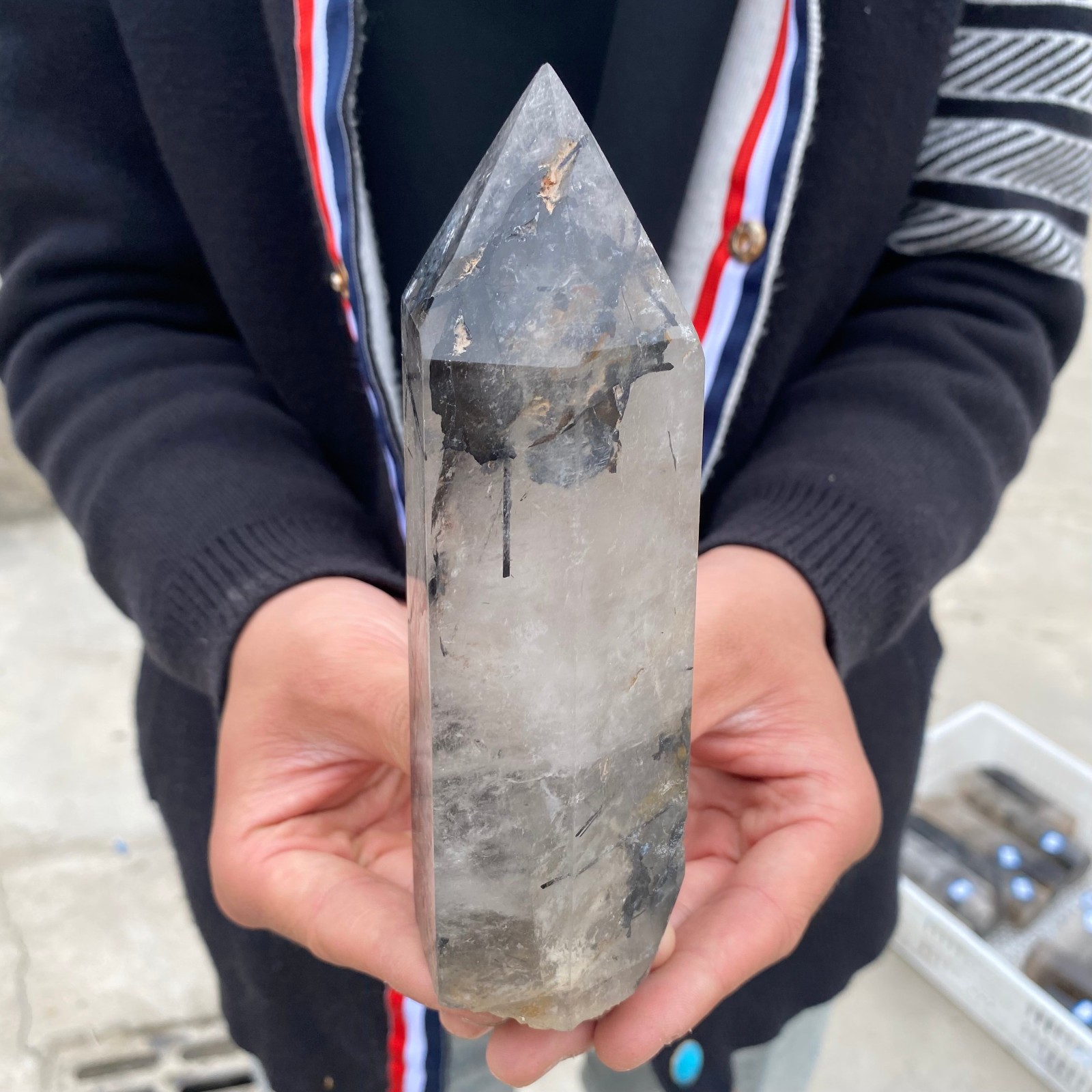 1.32LB Natural Black Tourmaline Rutilated Quartz Tower Crystal Point Healing