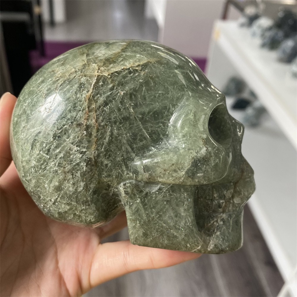 1.7LB 4″Natural A+Green Rutiled Quartz Skull Statue Crystal Reiki Carving Decor