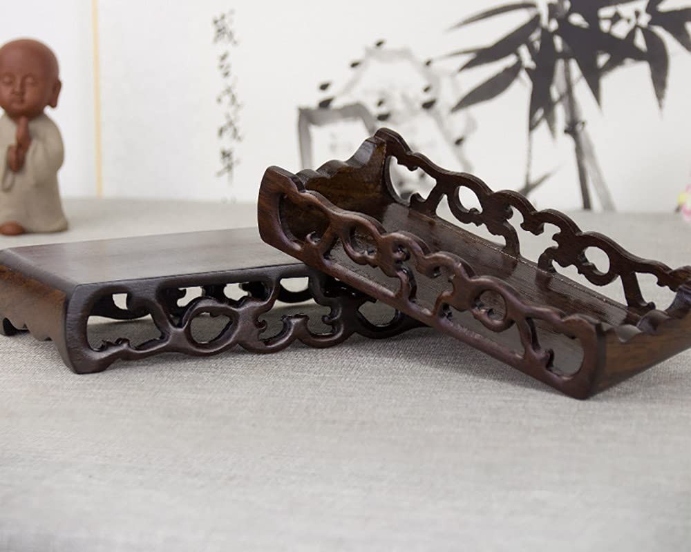 Chinese Black Catalpa Wood Scroll Rectangular Small Base Carved Wooden Vase F…