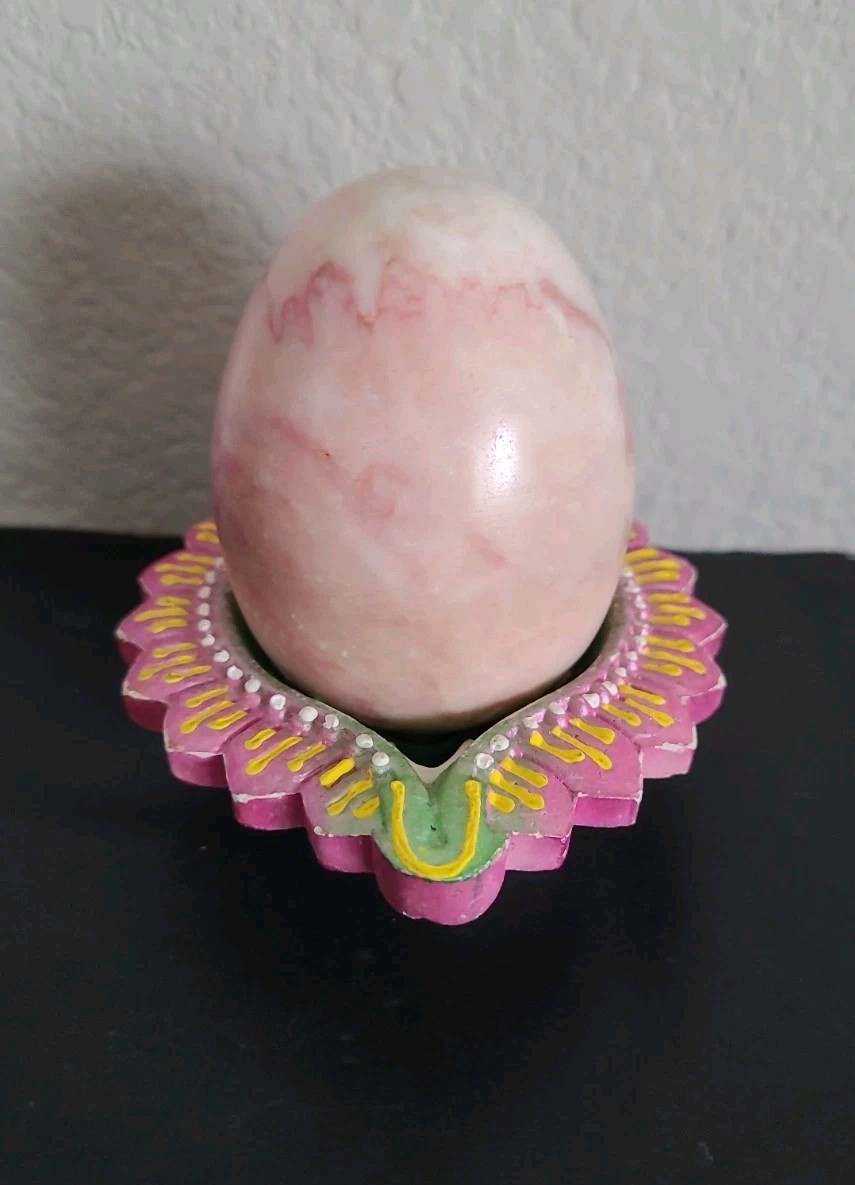 Vintage Polished Pink Stoned Quartz Egg & Ceramic Stand
