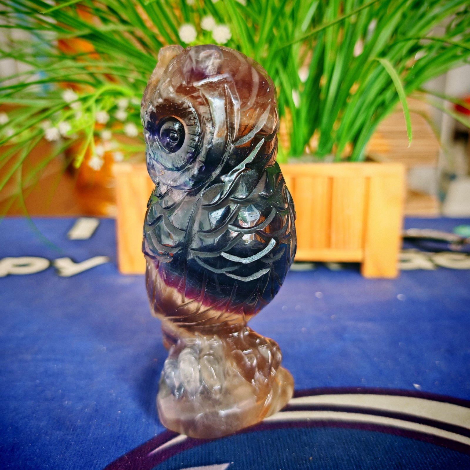 2.42LB Hand Carved Fluorite Owl Statue Unique Crystal Figurine Collect healing