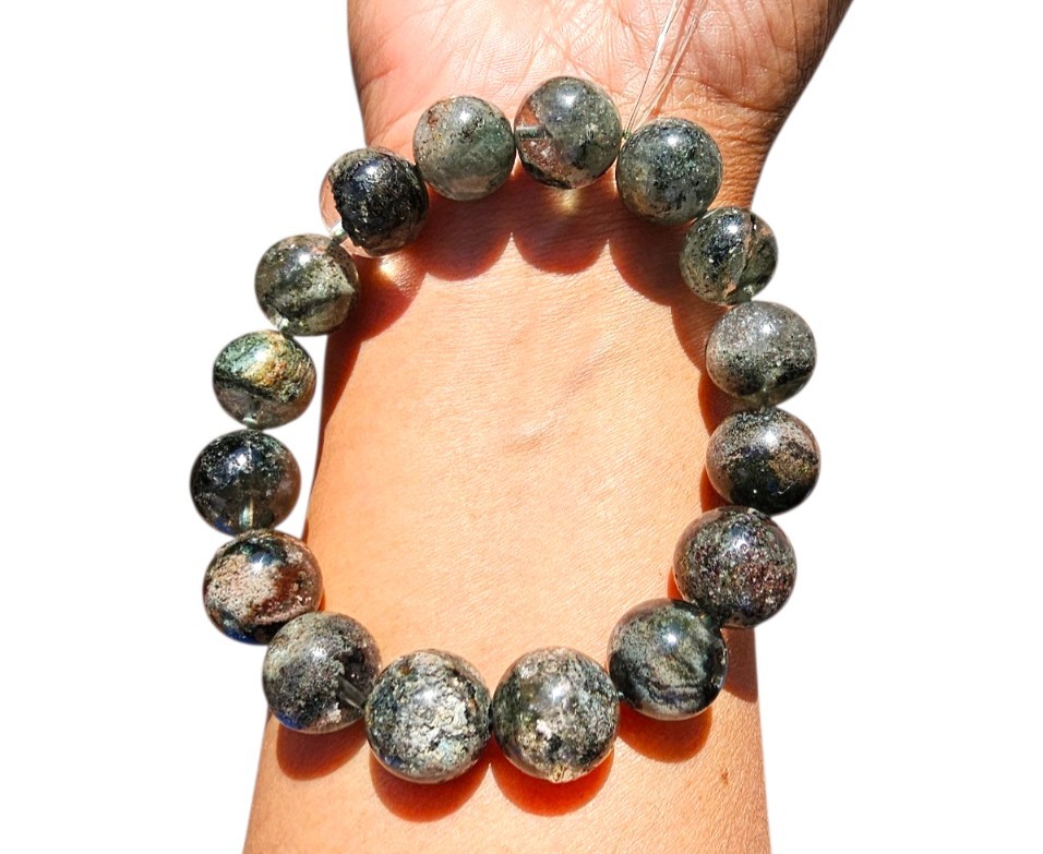 Green Garden Quartz Phantom Bracelet 14mm Round Beads Healing Reiki Chakra