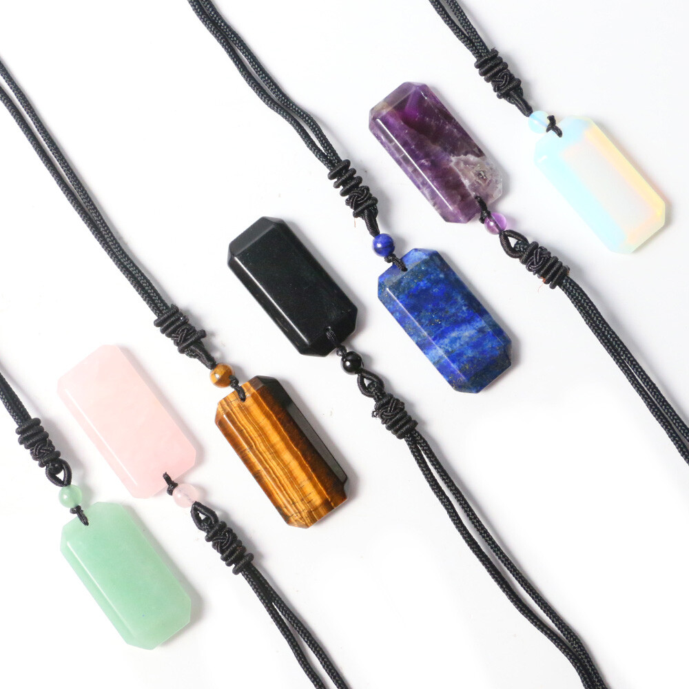 Natural Crystal Rectangle Necklace Chakra Stone Square Bead Pendant Healing Gift