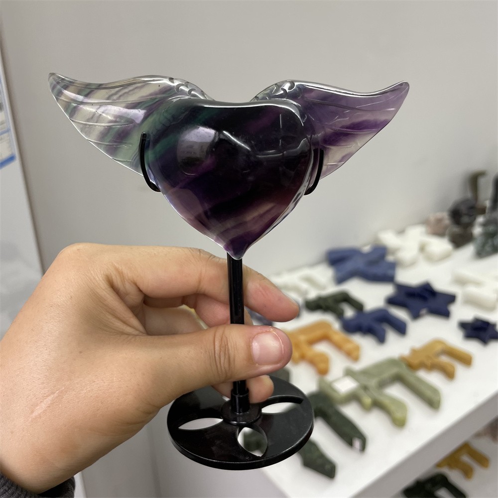 0.6LB 5.3″ A++Natural Rainbow Fluorite Love Wings Ornament Reiki Crystal Quartz