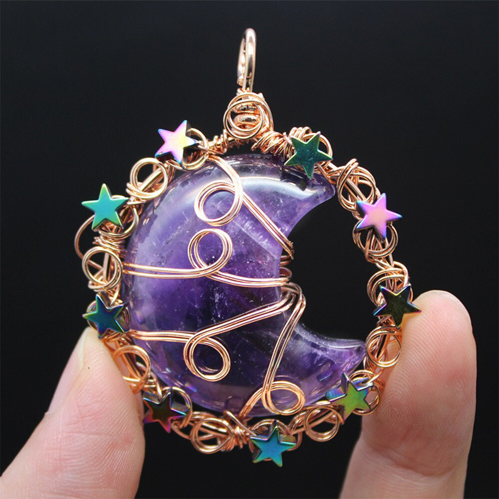 Natural Wire Wrap Crystal Moon Star Pendant Stone Quartz Jewelry Healing Reiki