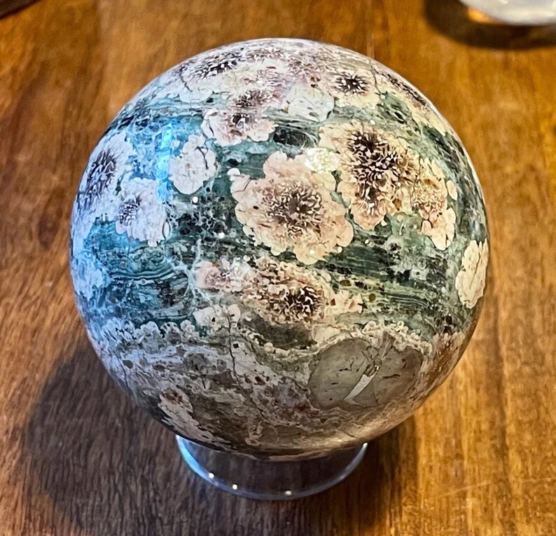 Natural Flower Jasper Sphere , Rhyolite Polished Orb , Green Russian Jasper 61mm