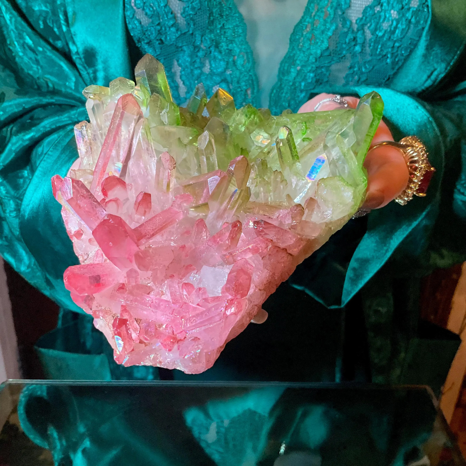 Pink & Green Aura Quartz Crystal Cluster ~ Large 1 Lb. 5 oz. ~ 6″ Long ~ Electr