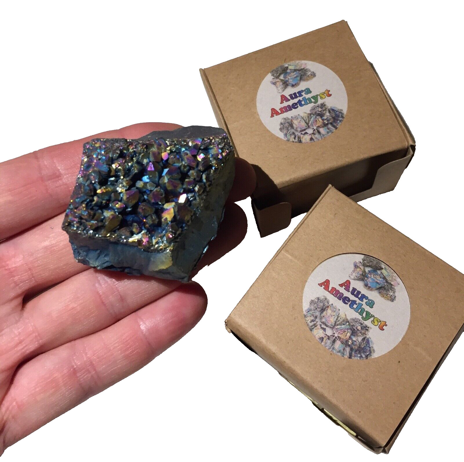 Aura Amethyst Geode Surprise Box, Titanium Crystal Metaphysical Gift, Set of 3