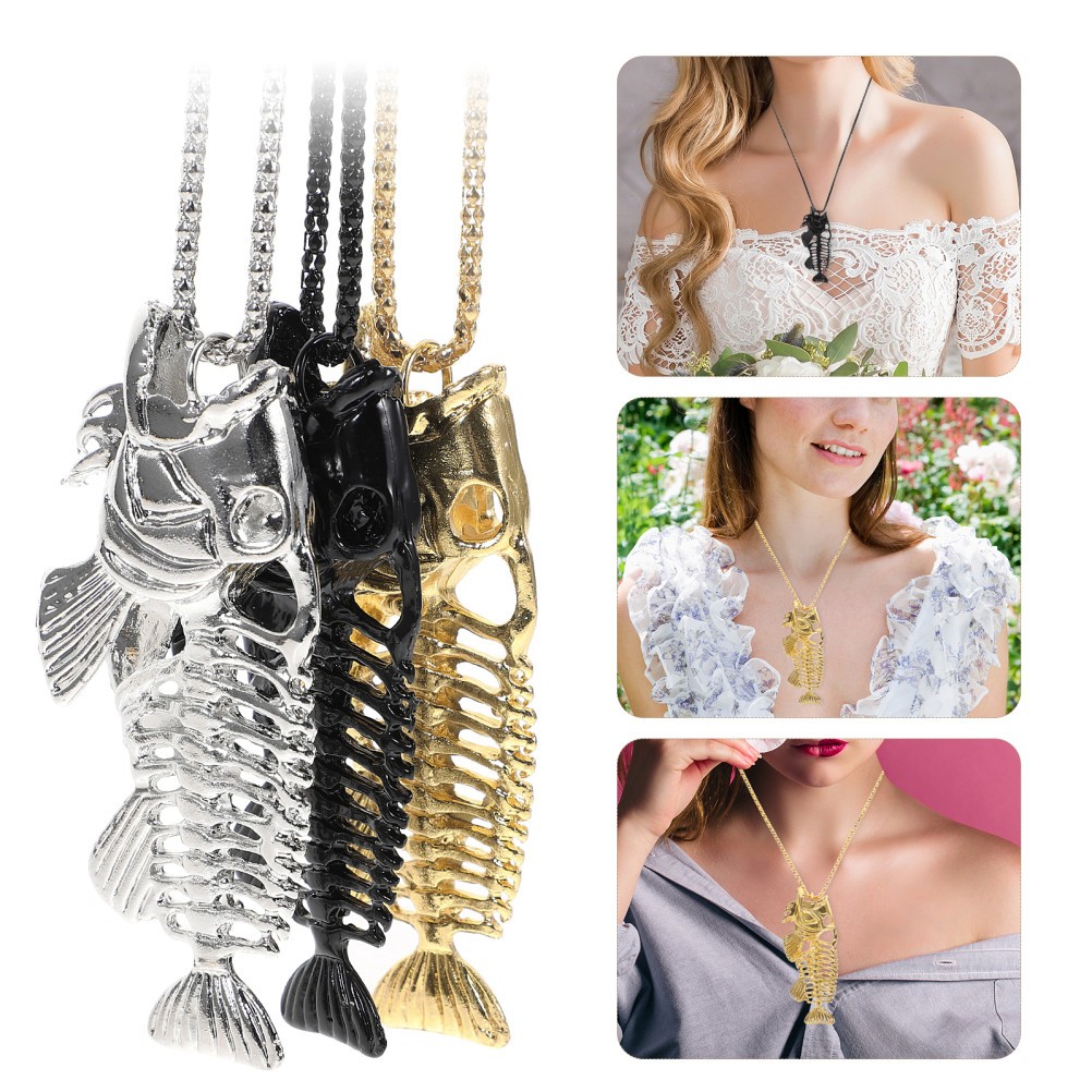 3Pcs Durable Fish Bone Necklace Alloy Fishing Hook Stainless Steel Surfer Chain