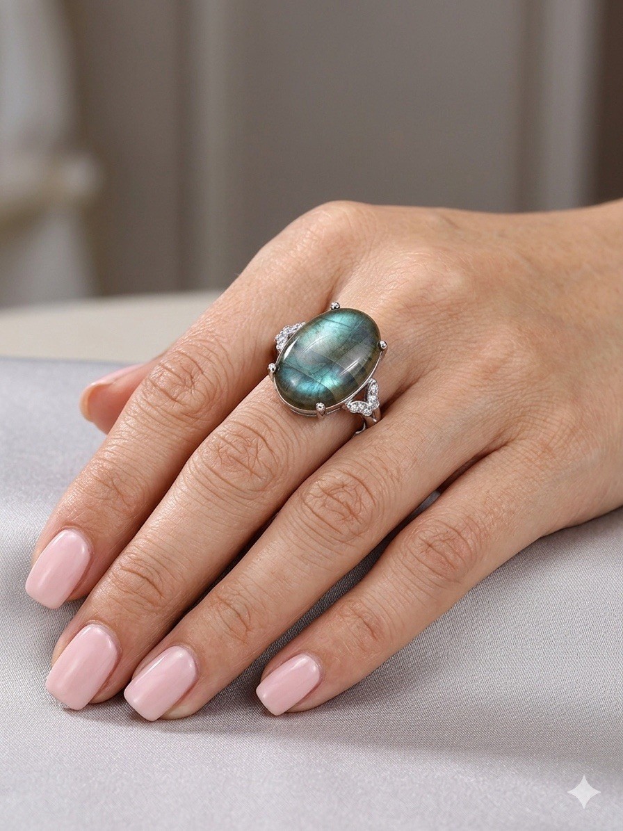 Wholesale 7 Pcs Natural Labradorite Stainless Steel Rings(316) Crystal 12x16mm