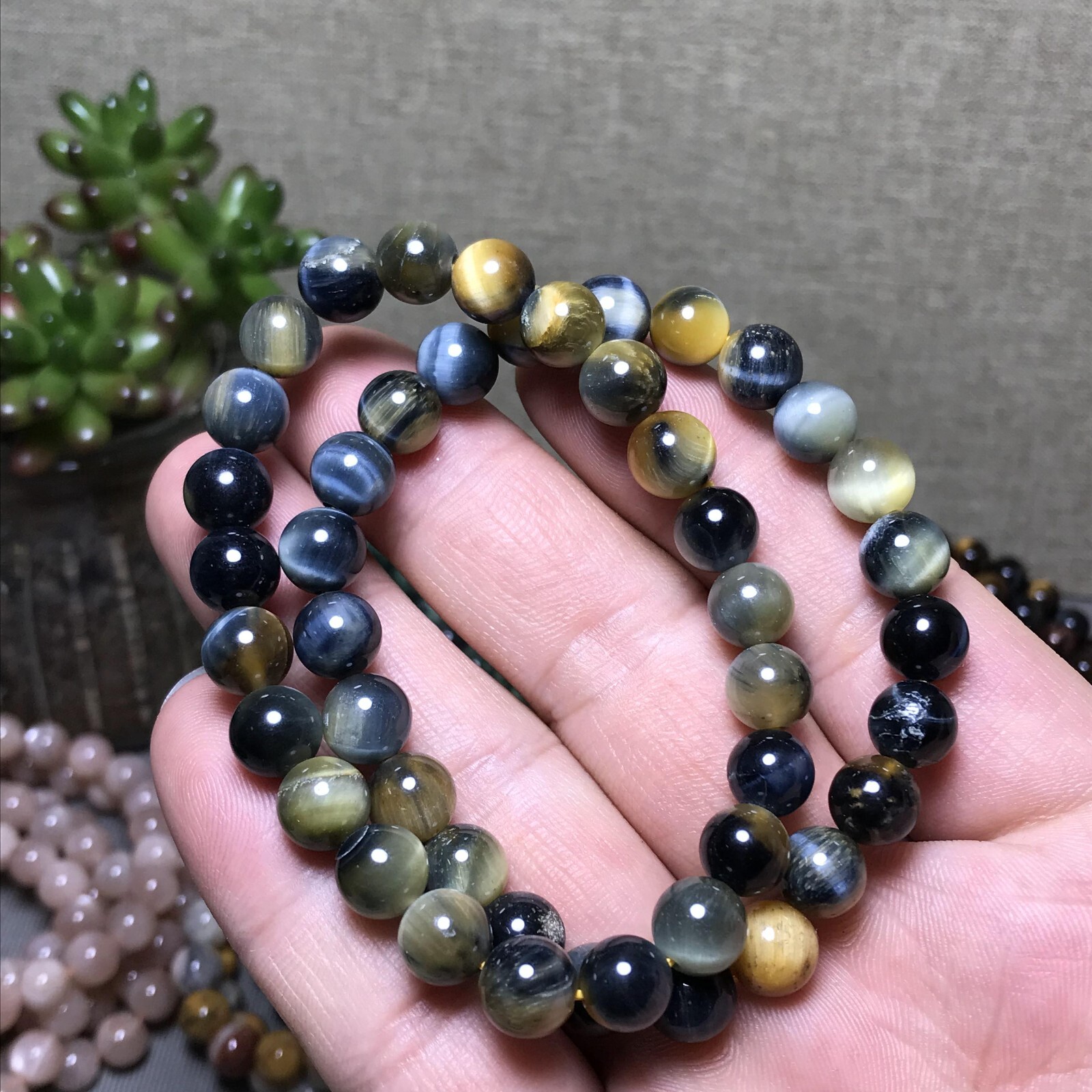5Pcs Wholesal Natural Polish yellow Blue Tiger eye bracelets Crystal ball 8mm