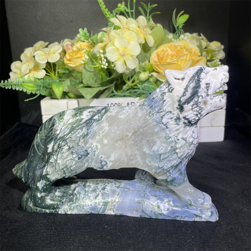 2.7LB 7.8″ Natural Moss Agate Wolf Statue Carving Crystal Heal Carved Decor