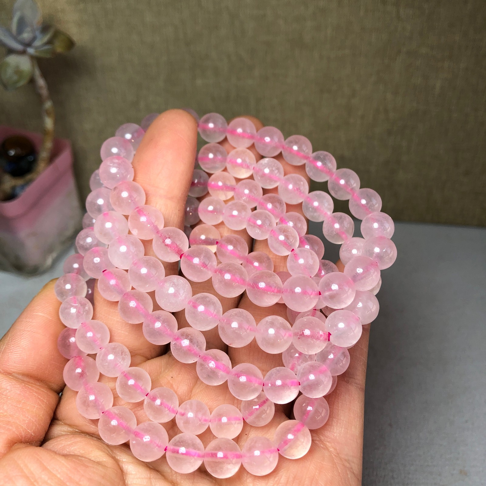 5pcs wholesale Natural pink Crystal rose Quartz chain beads bracelet 8mm A2782
