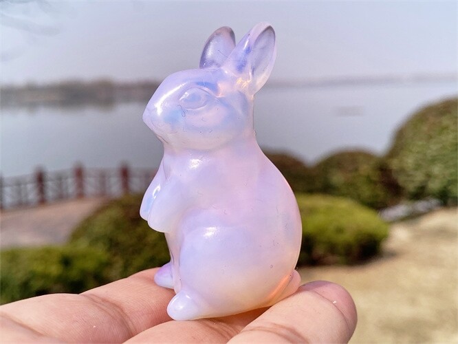 2″ Hand Carved Pink opalite Rabbit Reiki Quartz Crystal Skull Figurines decor 1x