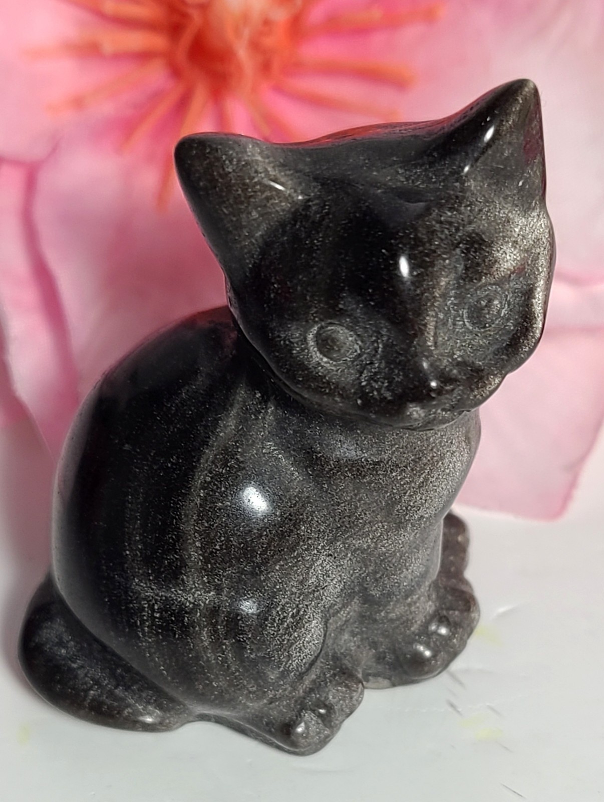 2″ 54g Adorable Silver Sheen Obsidian Sitting Cat Crystal Stone Carving Statue