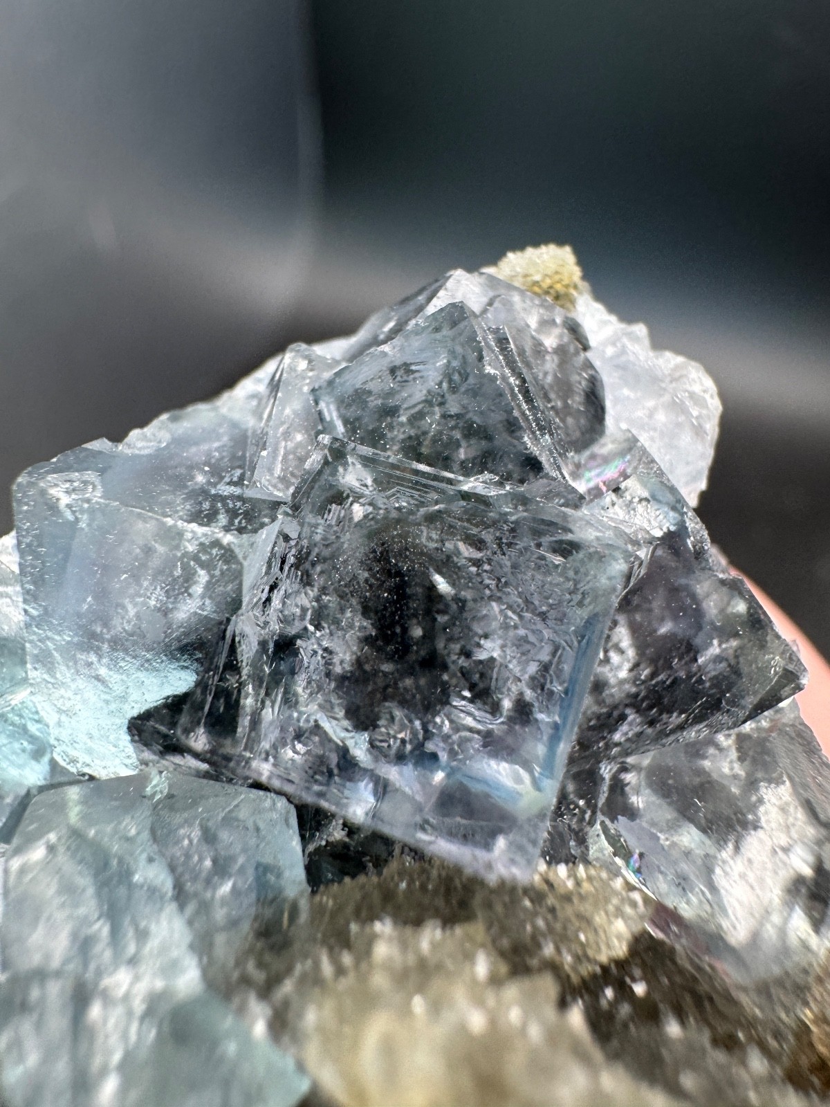 6210 Clear Blue Cubic Fluorite on Druzy Quartz Fu Jian 76g