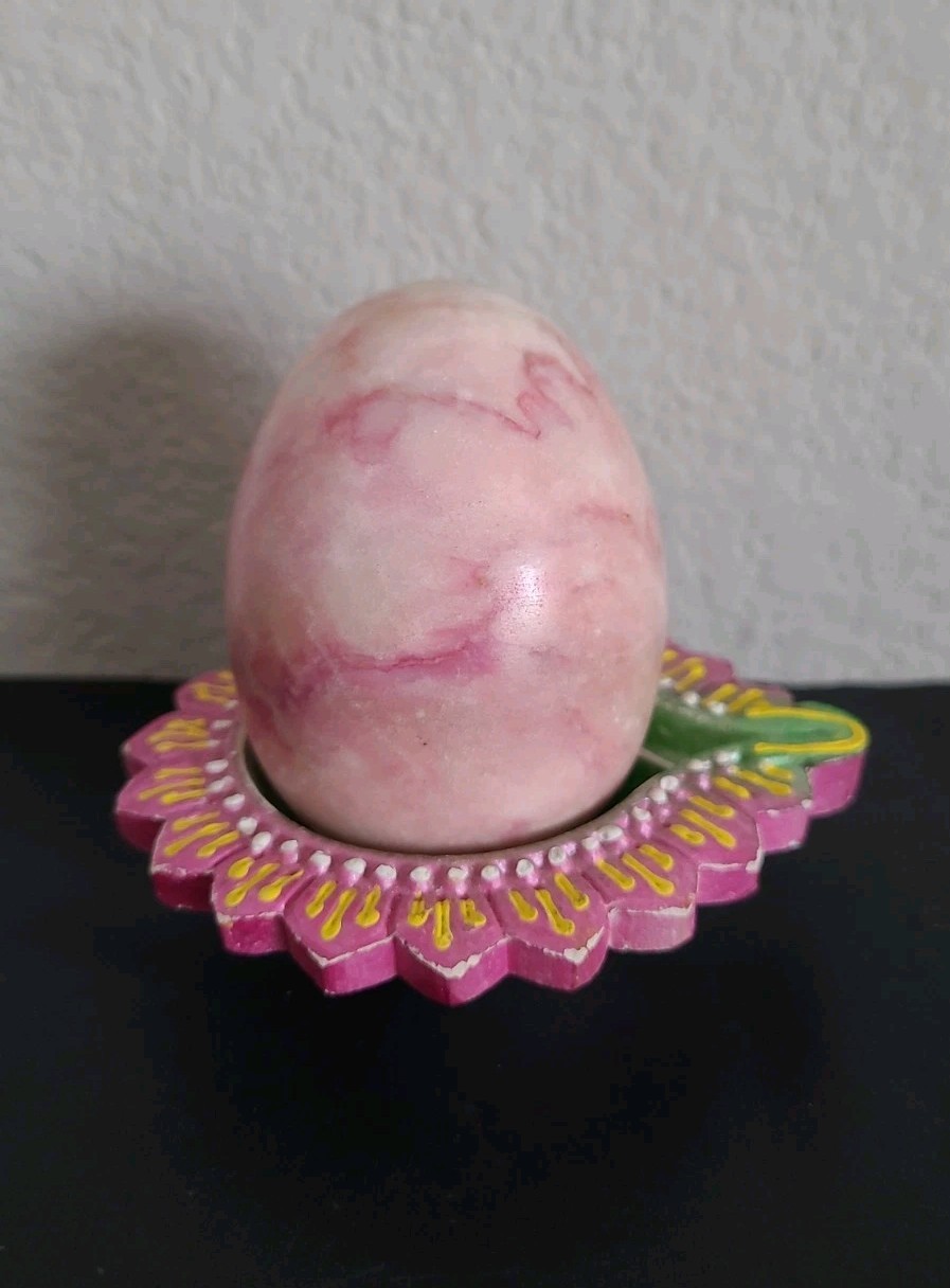 Vintage Polished Pink Stoned Quartz Egg & Ceramic Stand