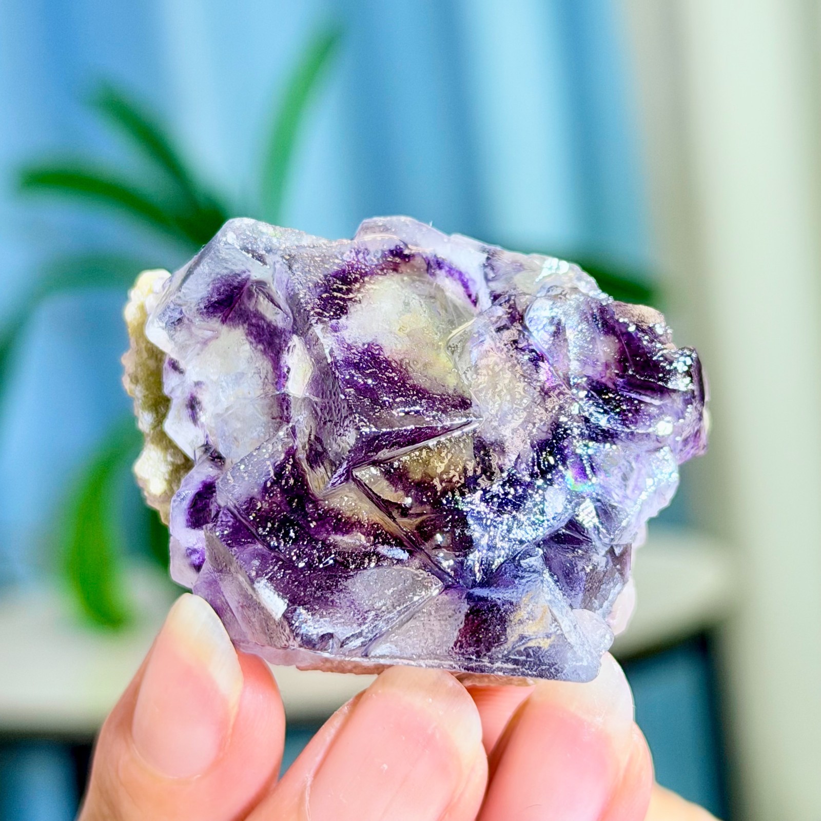 68G Rare Transparent Purple Cubic Fluorite with Calcite Crystal Mineral Sample
