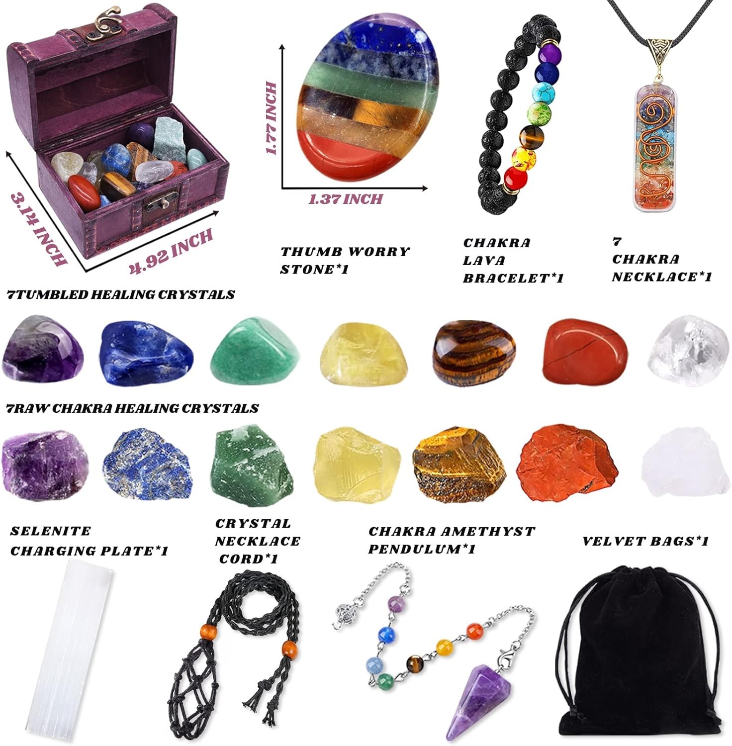 22Pcs Healing Crystals Set, Chakra Quartz Kits in Wooden Box (7 Raw and 7