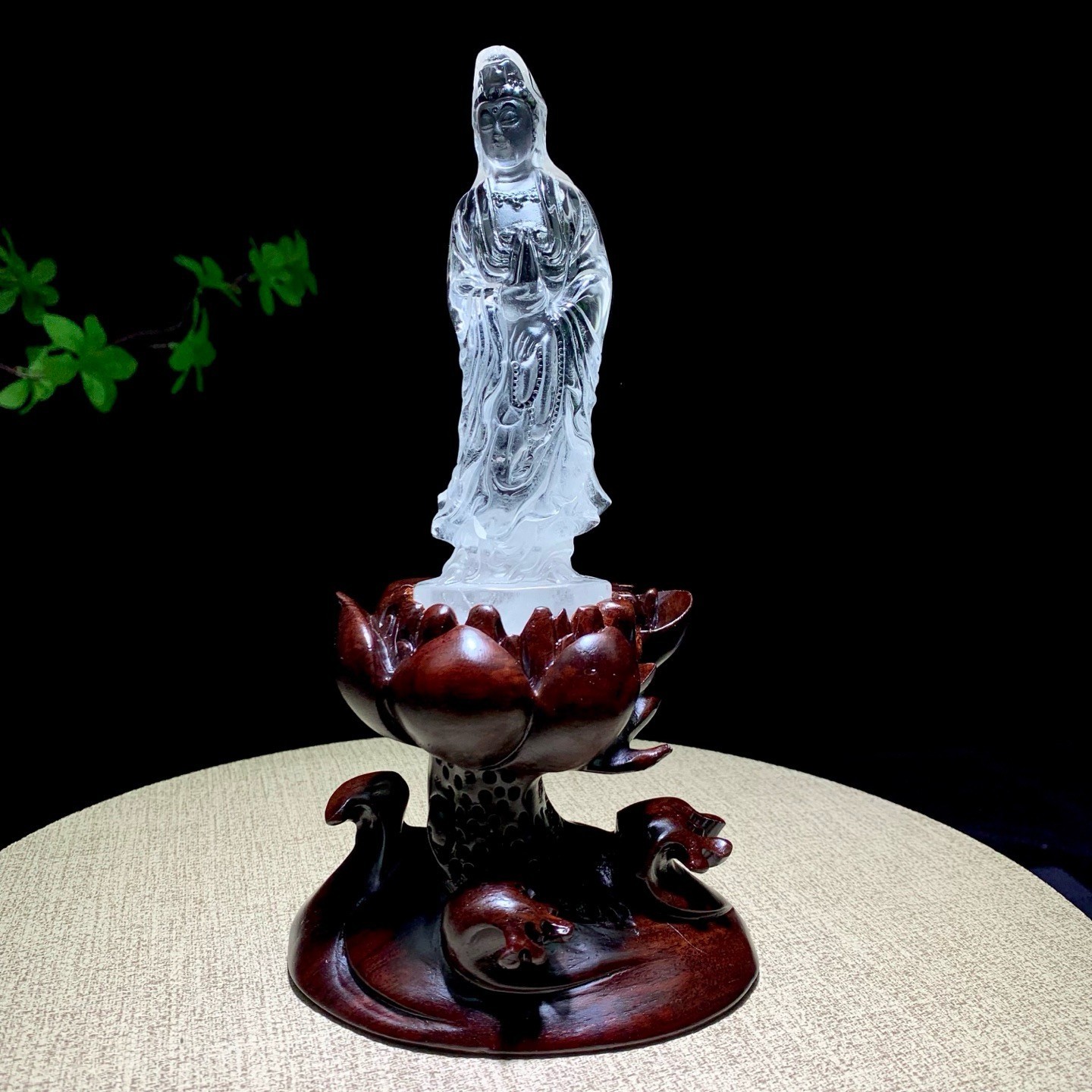 Top Natural Clear Quartz Healing Crystal hand Carved Guanyin Reiki Decor+stand