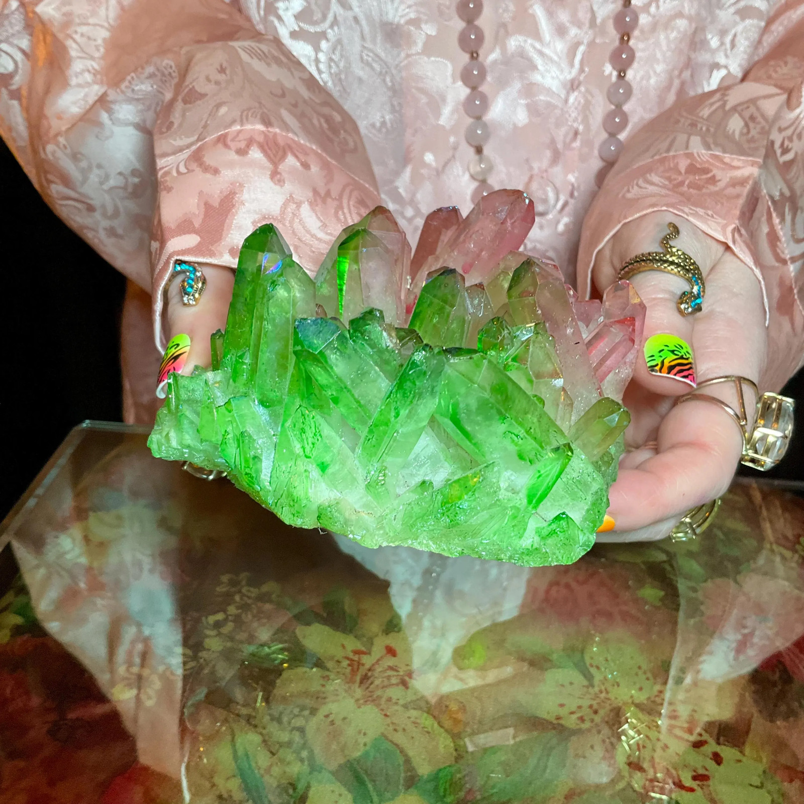 Pink & Green Aura Quartz Crystal Cluster ~ Large 1 Lb. 4 oz. ~ 4″ Long ~ Electr