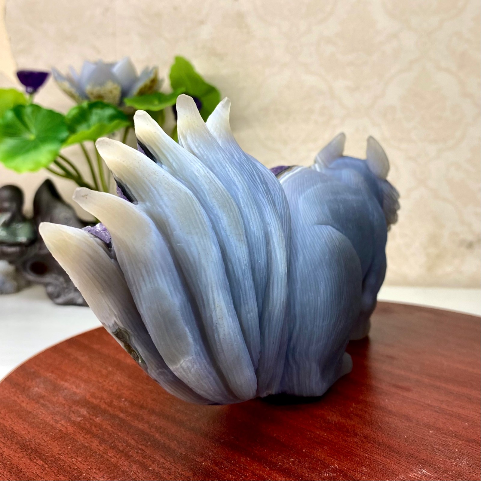 2.73LB Natural Agate Geode Hand Carved Nine-tailed Fox Quartz Crystal Decor
