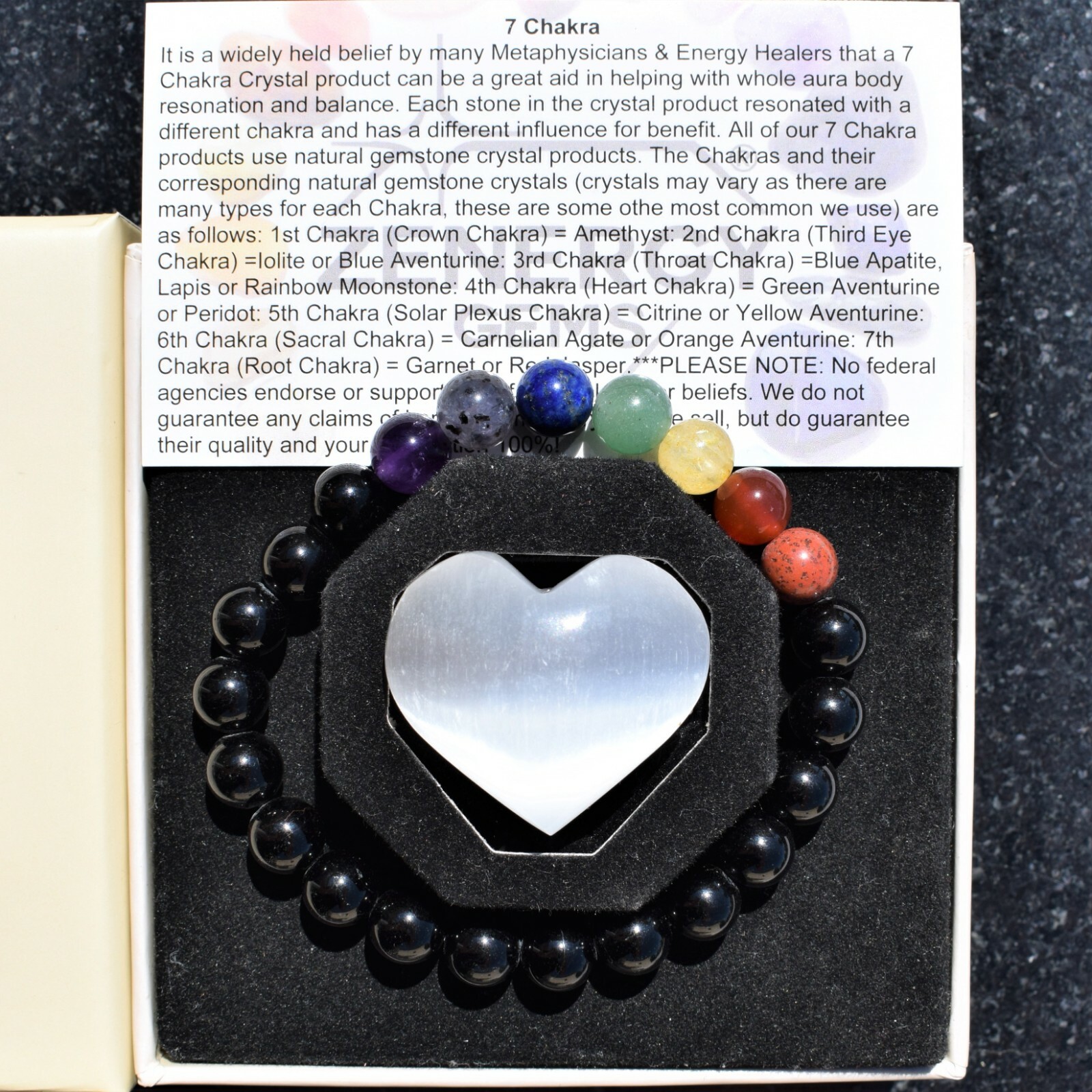 CHARGED Black Tourmaline & 7 Chakra Crystals Stretchy Bracelet + Selenite Heart