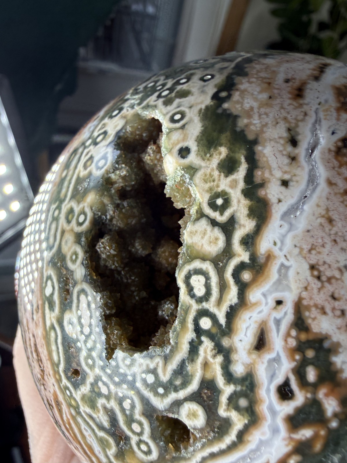 8th Vein Ocean Jasper Sphere – Druzy Pockets – Green, Pink, White – 3.69lbs