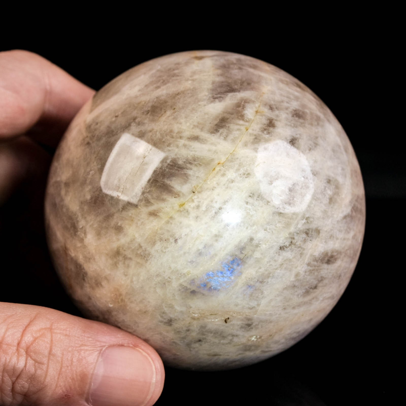 2.8″ 1.07LBS Moonstone Sphere Natural Blue Flash Crystal Ball Mineral Specimen