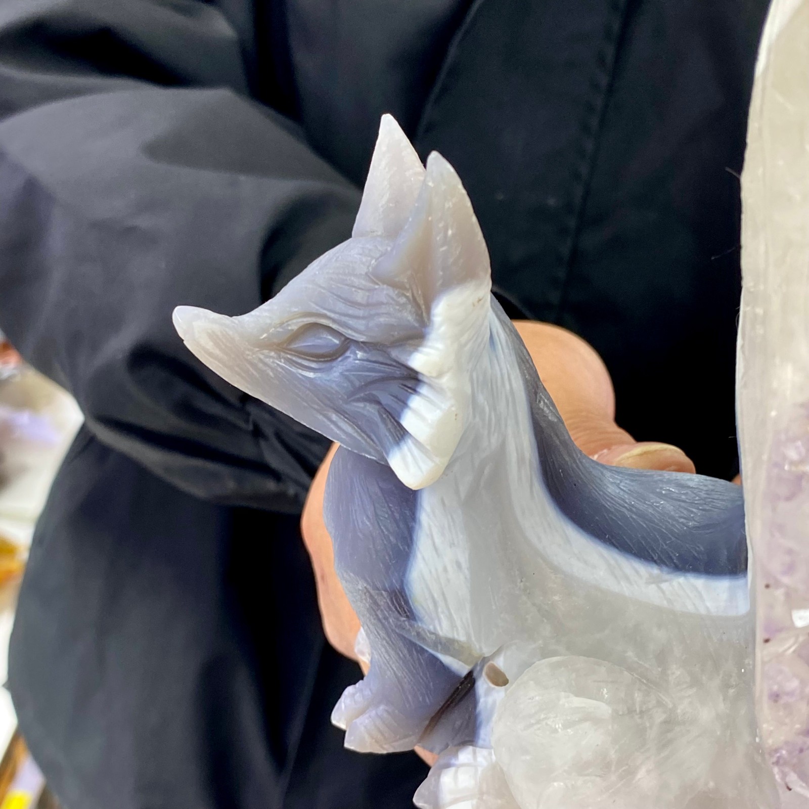 4.07LB Natural Agate Geode Hand Carved Nine-tailed Fox Quartz Crystal Decor