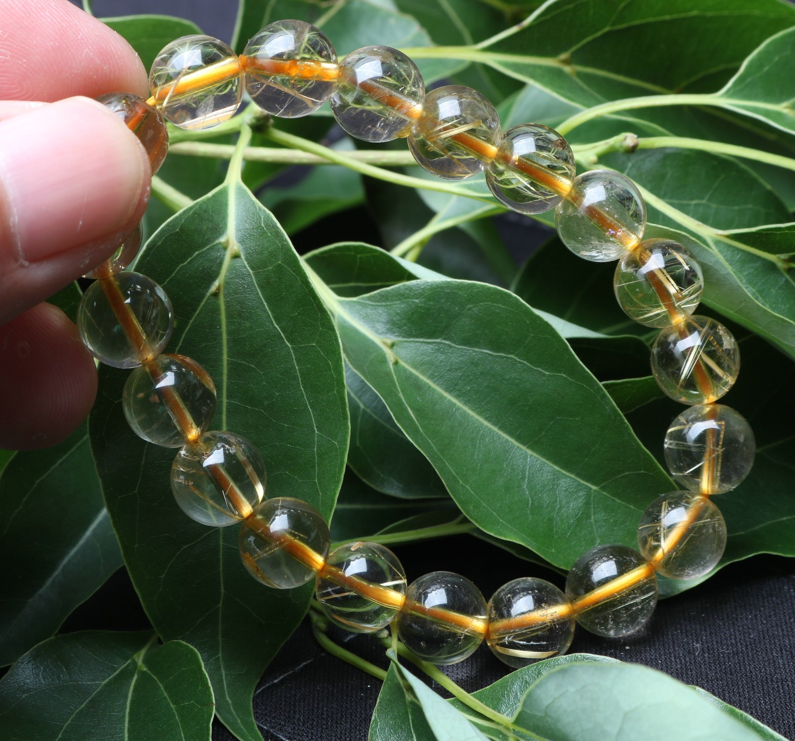 25.2g Rare Natural Clear Gold Rutilated Quartz Crystal 10mm Round Bead Hand cate