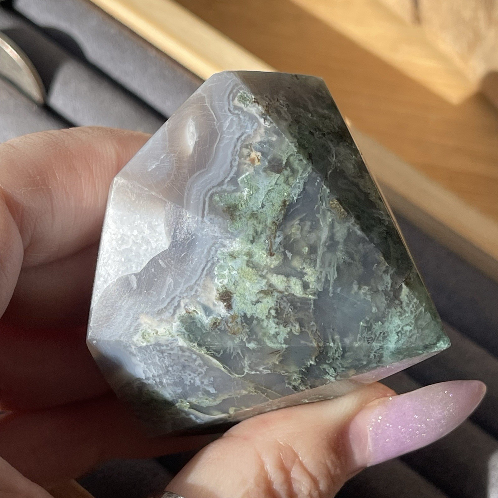 Natural Green Moss Agate Diamond w/ Chalcedony Quartz • Crystal Stone Home decor