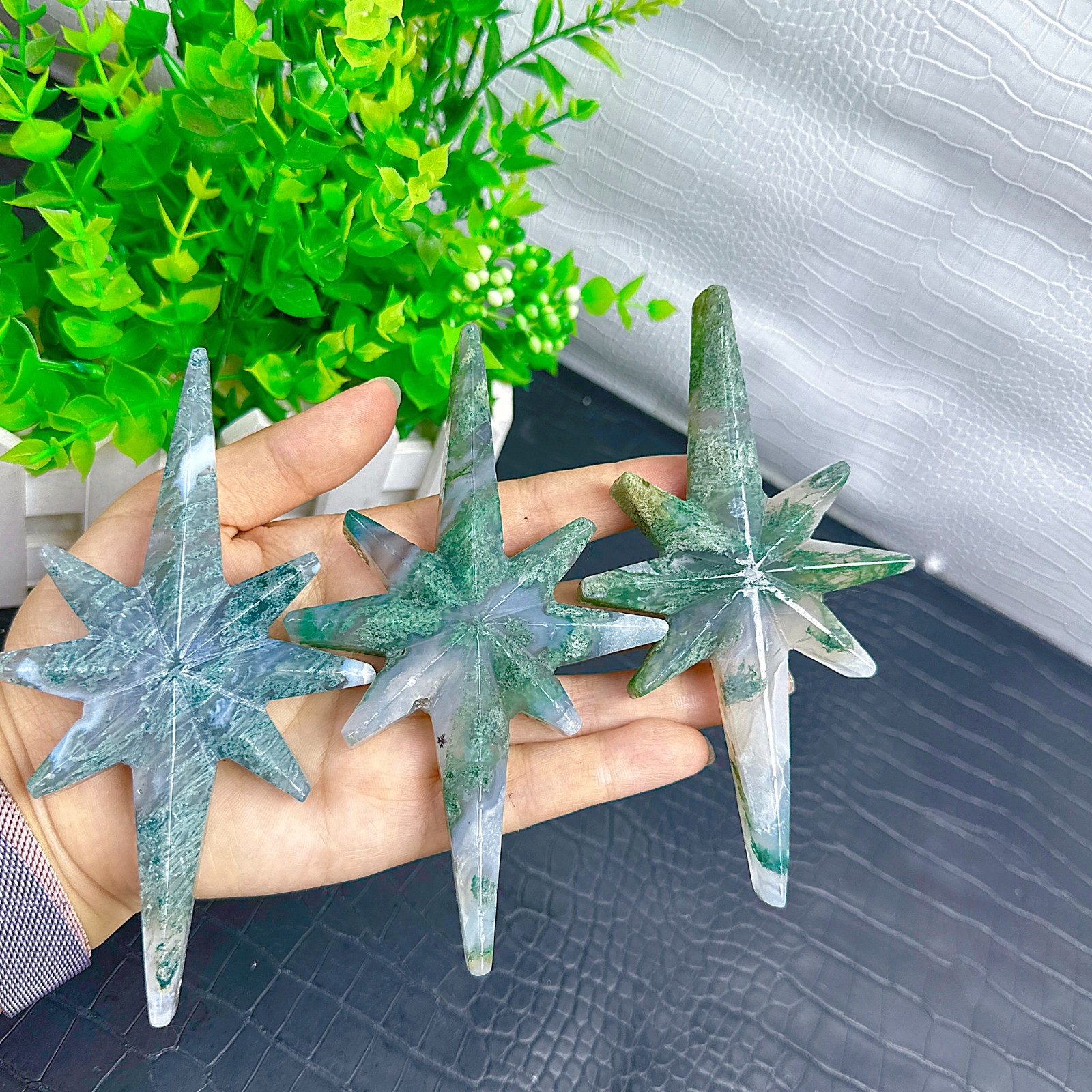 7.4 ” Moss Agate Star crystal carved North Star sculpture on stand 1pcs