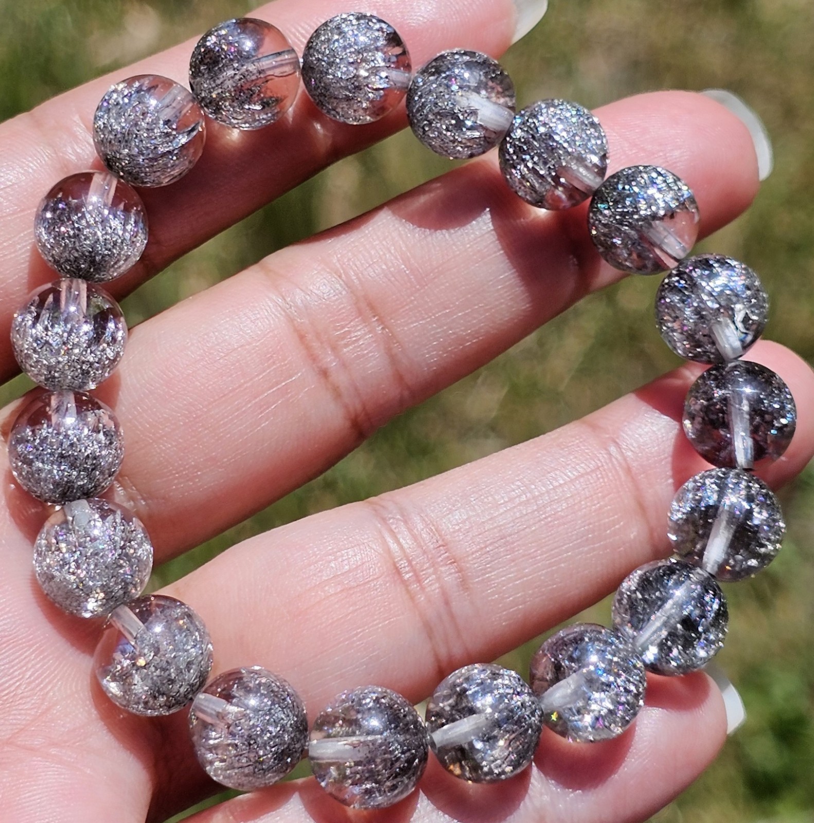 Black Fire Quartz Shiny 10mm Round Beads Unisex Stretch Bracelet